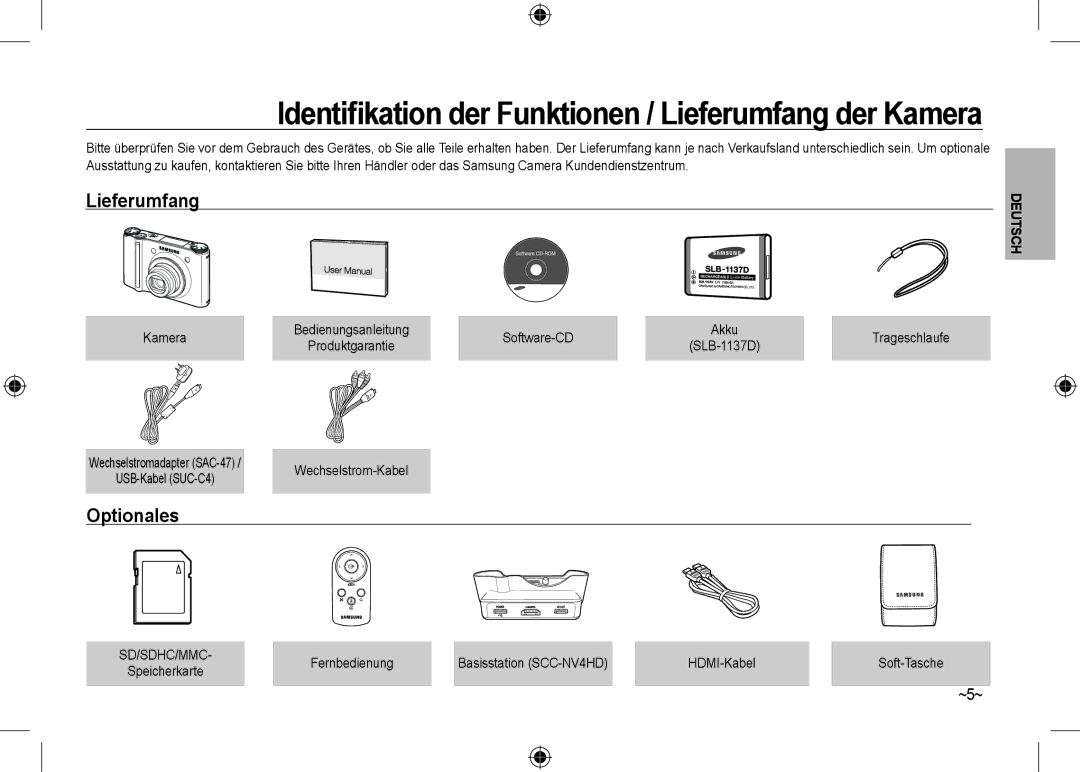 Samsung EC-NV24HSBD/E3, EC-NV24HBBA/E3, EC-NV24HBBB/FR, EC-NV24HBBA/E2, EC-NV24HSBA/FR manual Lieferumfang, Optionales, ~5~ 