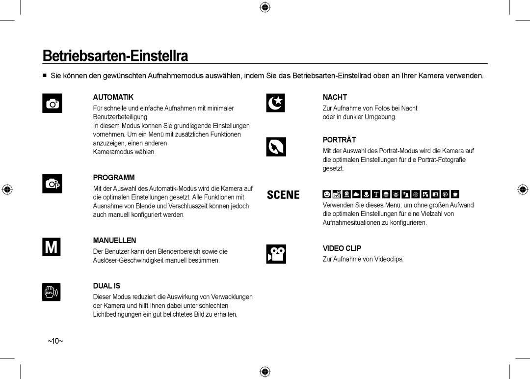 Samsung EC-NV24HBBA/RU, EC-NV24HBBA/E3, EC-NV24HBBB/FR manual Betriebsarten-Einstellra, ~10~, Zur Aufnahme von Videoclips 