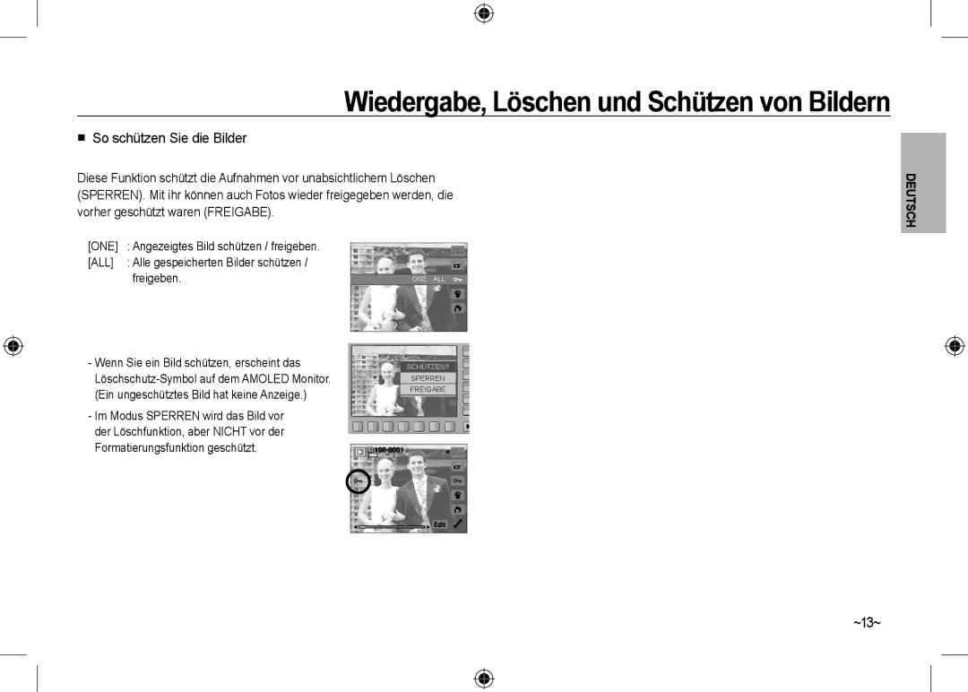 Samsung EC-NV24HSBA/RU, EC-NV24HBBA/E3 manual  So schützen Sie die Bilder, ~13~, Angezeigtes Bild schützen / freigeben 