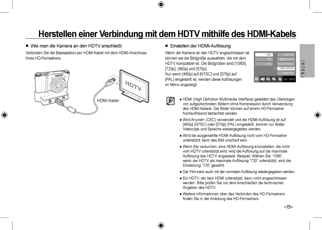 Samsung EC-NV24HBBA/E3 manual  Wie man die Kamera an den Hdtv anschließt,  Einstellen der HDMI-Auﬂösung, ~15~, HDMI-Kabel 