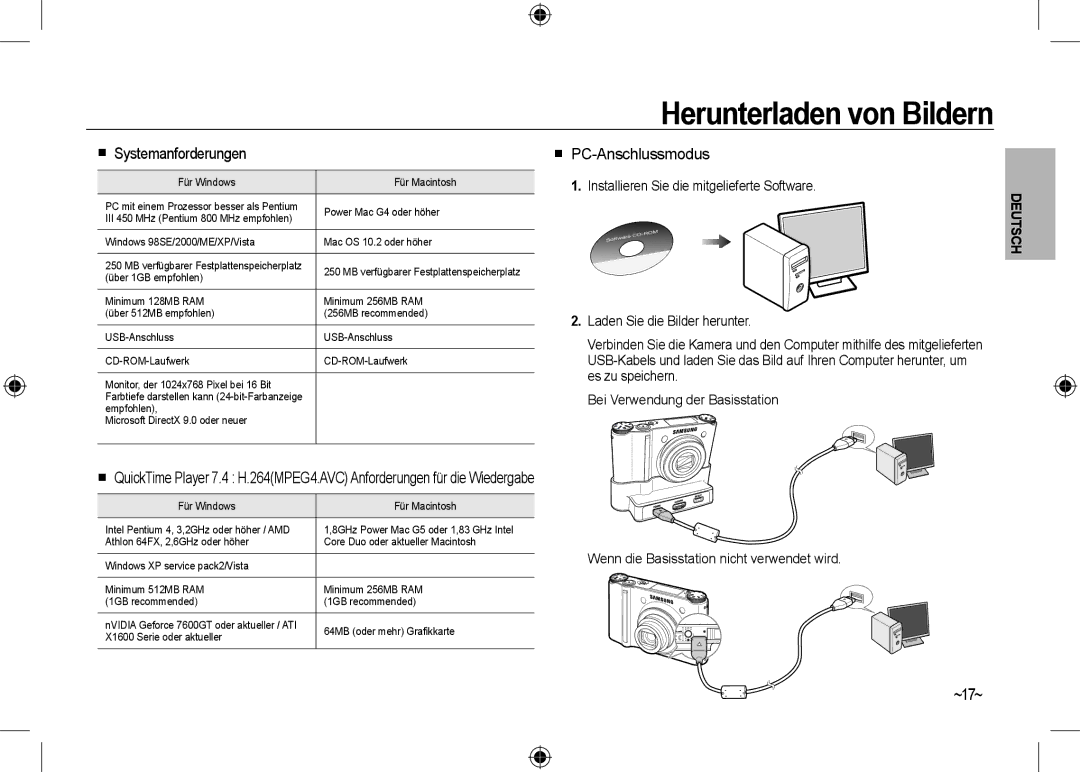 Samsung EC-NV24HBBA/E2, EC-NV24HBBA/E3 manual Herunterladen von Bildern,  Systemanforderungen,  PC-Anschlussmodus, ~17~ 