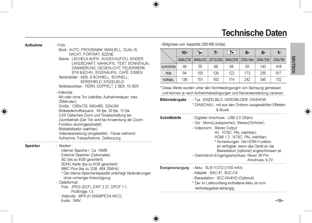 Samsung EC-NV24HSBA/E3, EC-NV24HBBA/E3, EC-NV24HBBB/FR, EC-NV24HBBA/E2 manual ~19~, Aufnahme, Schnittstelle, Speicher 