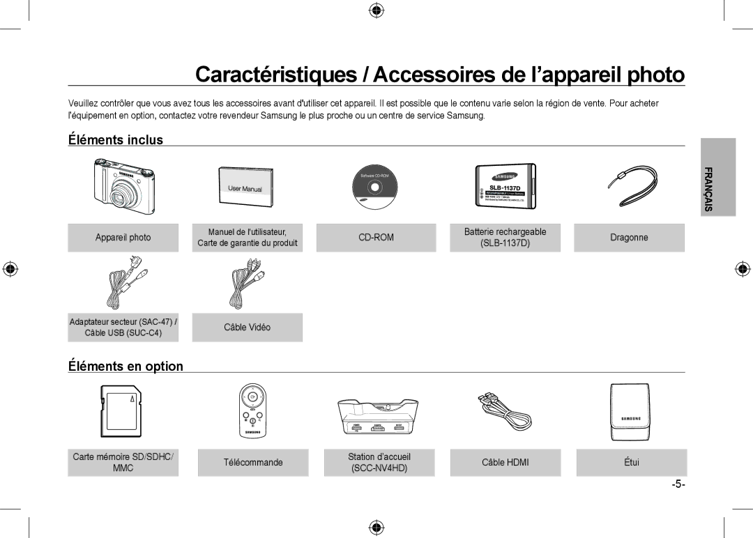 Samsung EC-NV24HBBB/E1, EC-NV24HBBA/E3 manual Éléments inclus, Éléments en option, Appareil photo, Cd-Rom, Câble Hdmi 