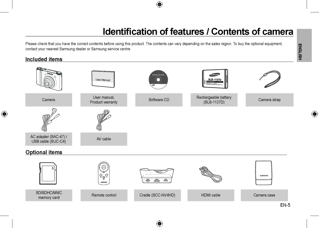 Samsung EC-NV24HSBA/E2, EC-NV24HBBA/E3, EC-NV24HBBB/FR manual Included items, Optional items, EN-5, Camera Software CD 