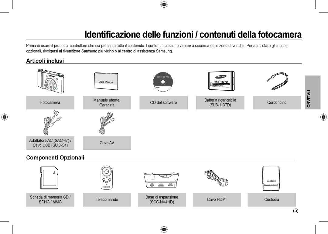 Samsung EC-NV24HSBB/LV, EC-NV24HBBA/E3, EC-NV24HBBB/FR, EC-NV24HBBA/E2, EC-NV24HSBA/FR Articoli inclusi, Componenti Opzionali 