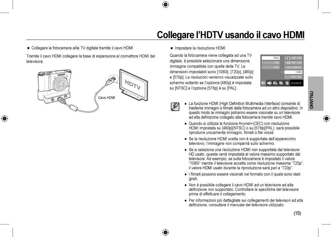 Samsung EC-NV24HSBA/FR, EC-NV24HBBA/E3, EC-NV24HBBB/FR Collegare l’HDTV usando il cavo Hdmi, Impostare la risoluzione Hdmi 