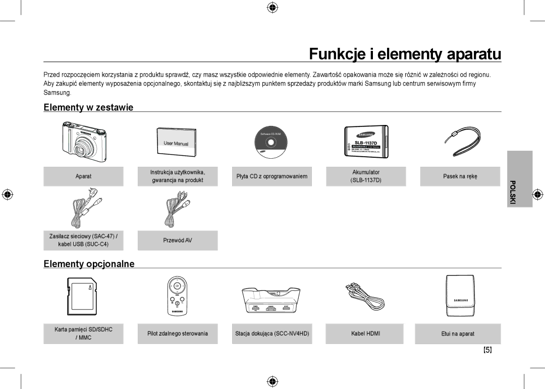 Samsung EC-NV24HBBC/IT, EC-NV24HBBA/E3, EC-NV24HBBB/FR, EC-NV24HBBA/E2 manual Elementy w zestawie, Elementy opcjonalne 