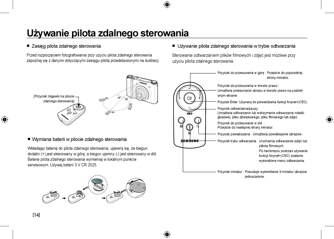 Samsung EC-NV24HSBE/AS, EC-NV24HBBA/E3 manual Używanie pilota zdalnego sterowania,  Zasięg pilota zdalnego sterowania, 14 