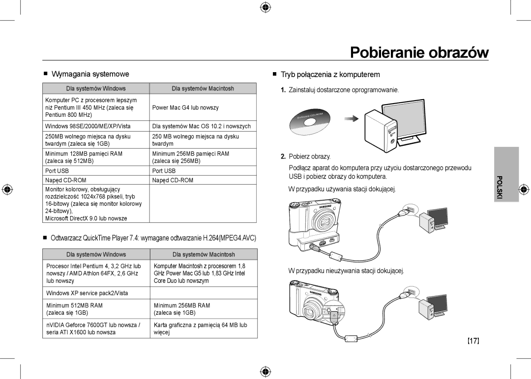 Samsung EC-NV24HSBA/VN, EC-NV24HBBA/E3 manual Pobieranie obrazów,  Wymagania systemowe,  Tryb połączenia z komputerem 