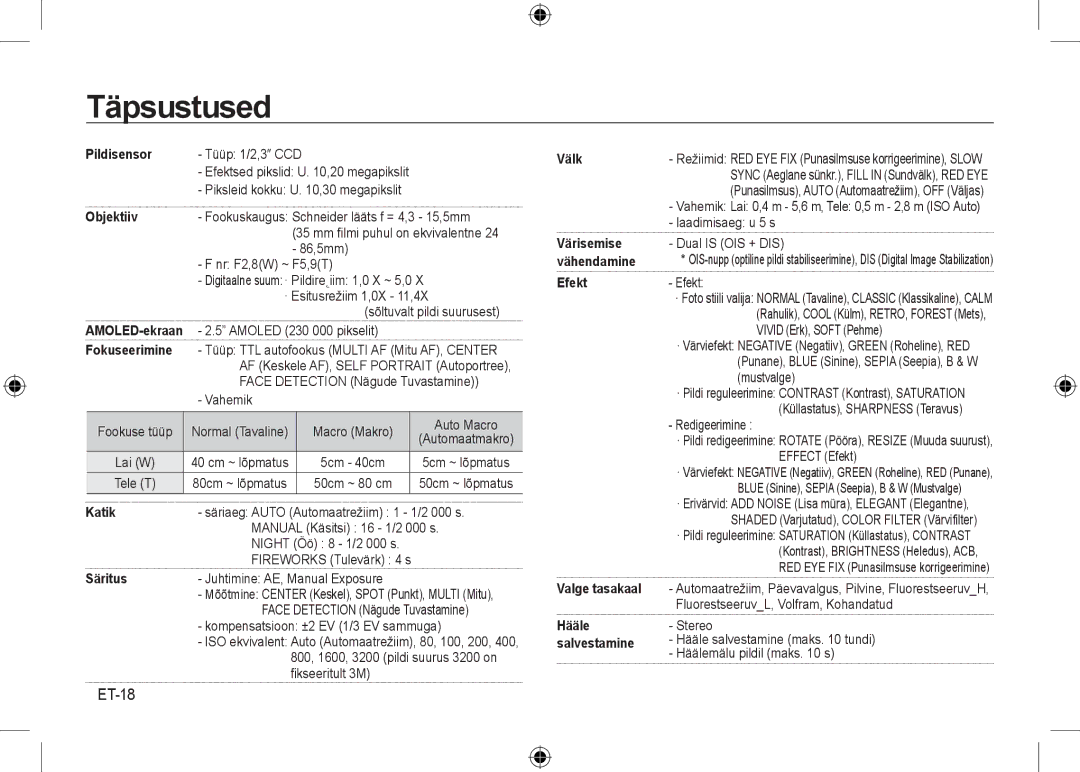 Samsung EC-NV24HSBC/AS, EC-NV24HBBA/E3, EC-NV24HBBB/FR, EC-NV24HBBA/E2, EC-NV24HSBA/FR, EC-NV24HSBA/E3 manual Täpsustused, ET-18 