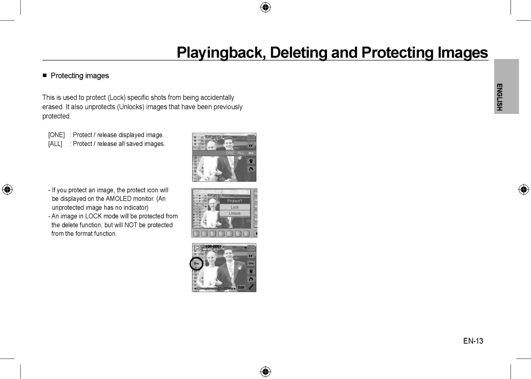 Samsung EC-NV24HBBC/IT, EC-NV24HBBA/E3, EC-NV24HBBB/FR manual  Protecting images, EN-13, Unprotected image has no indicator 