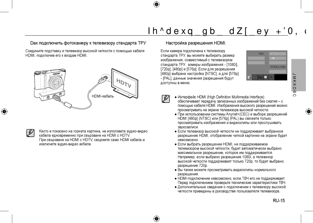 Samsung EC-NV24HBBA/E3 manual Подключение кабеля Hdmi к ТВЧ,  Dак подключить фотокамеру к телевизору стандарта ТРУ, RU-15 