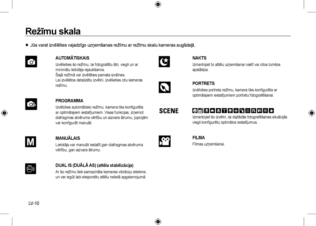 Samsung EC-NV24HSBA/E1, EC-NV24HBBA/E3 manual Režīmu skala, LV-10, Lietotājs var manuāli iestatīt gan diafragmas atvēruma 