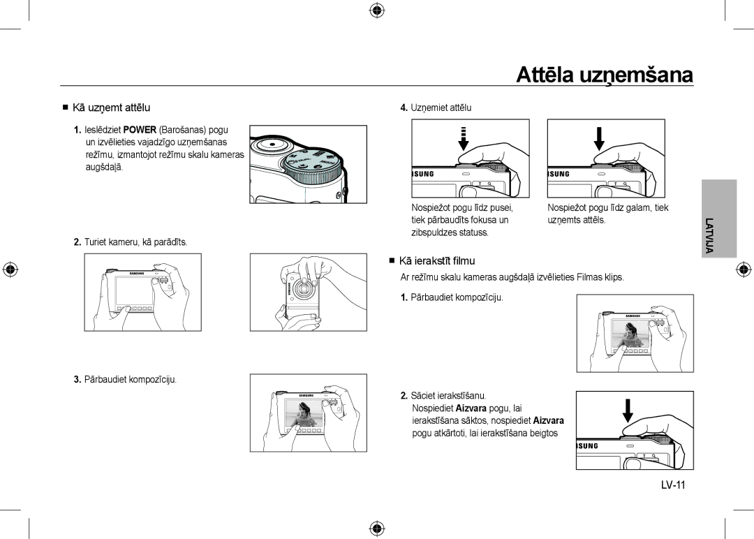 Samsung EC-NV24HBBA/IT manual Attēla uzņemšana,  Kā uzņemt attēlu,  Kā ierakstīt ﬁlmu, LV-11, Pārbaudiet kompozīciju 