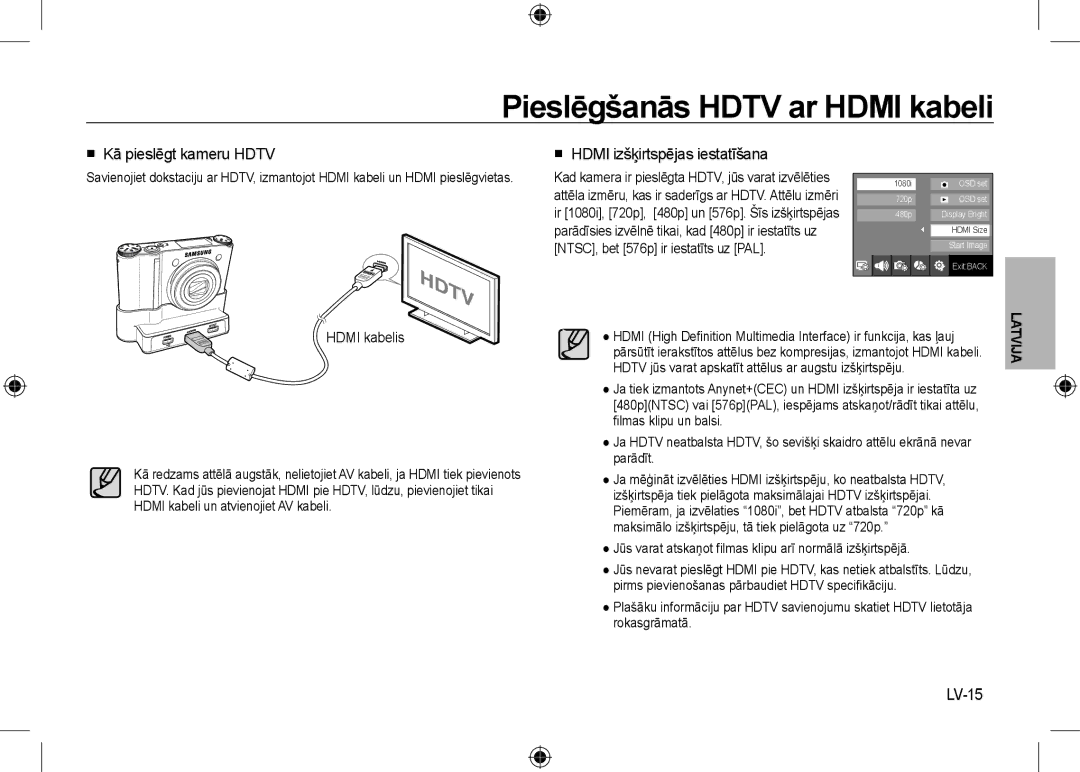 Samsung EC-NV24HBBE/AS manual Pieslēgšanās Hdtv ar Hdmi kabeli,  Kā pieslēgt kameru Hdtv,  Hdmi izšķirtspējas iestatīšana 