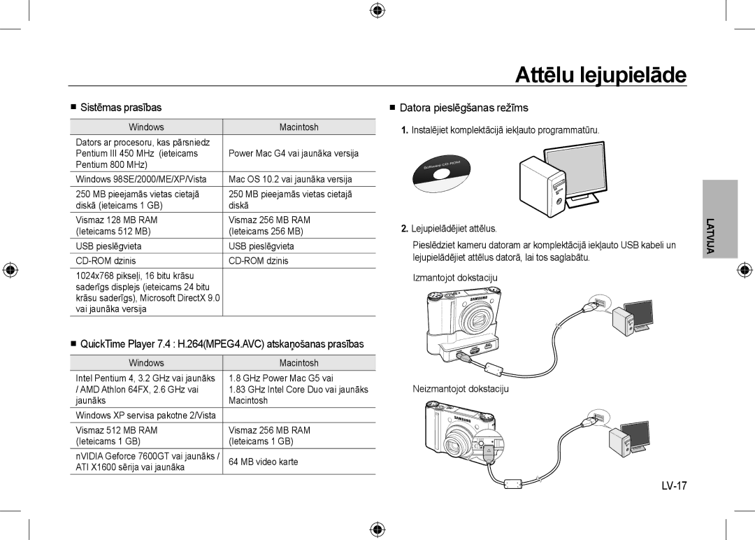 Samsung EC-NV24HSBE/AS, EC-NV24HBBA/E3 manual Attēlu lejupielāde,  Sistēmas prasības,  Datora pieslēgšanas režīms, LV-17 