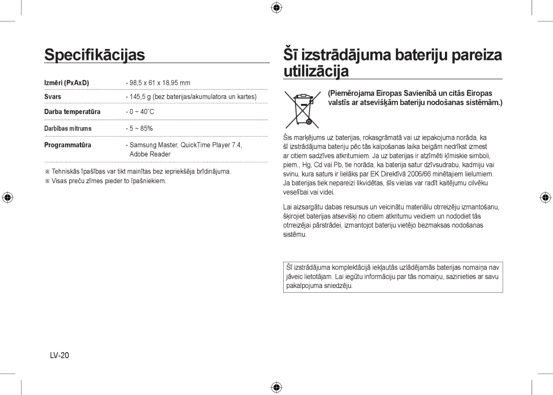 Samsung EC-NV24HSBA/VN manual Šī izstrādājuma bateriju pareiza utilizācija, LV-20, Izmēri PxAxD 98,5 x 61 x 18,95 mm Svars 