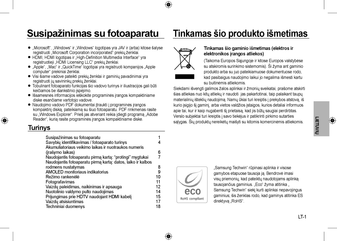 Samsung EC-NV24HSBC/AS, EC-NV24HBBA/E3 manual Susipažinimas su fotoaparatu, LT-1, Įrašymo laikas, Rodmens nustatymas 