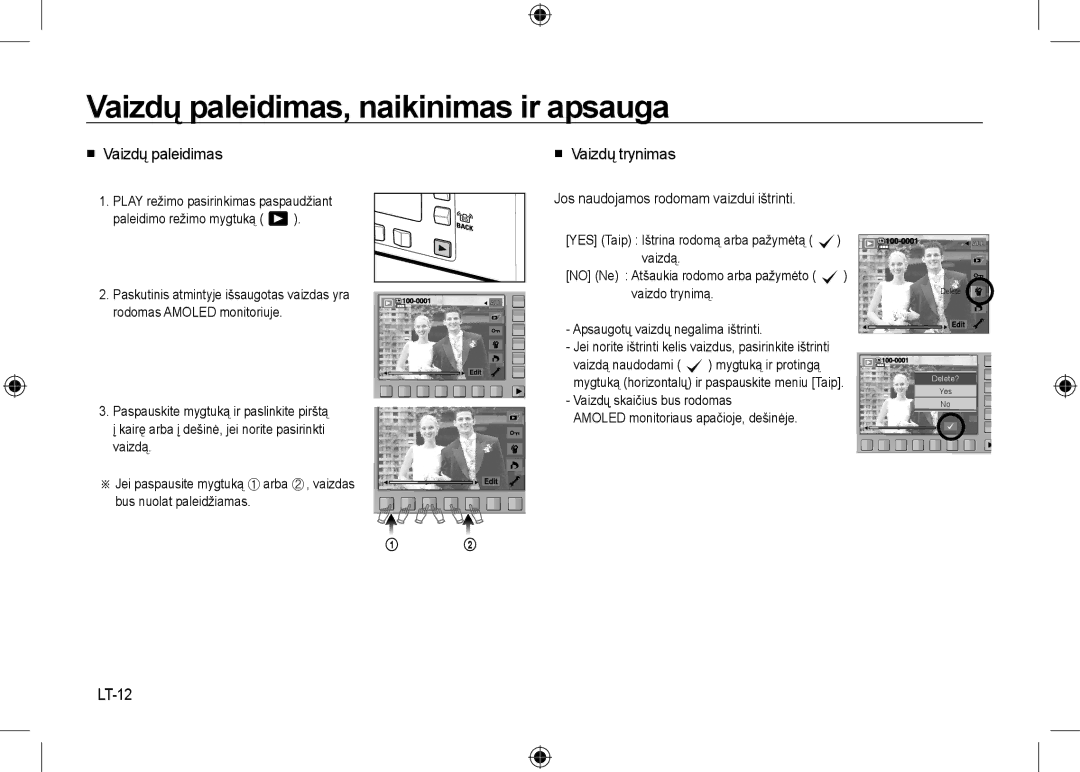 Samsung EC-NV24HBBA/E3 manual Vaizdų paleidimas, naikinimas ir apsauga,  Vaizdų paleidimas,  Vaizdų trynimas, LT-12 