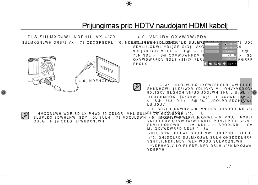 Samsung EC-NV24HSBA/FR, EC-NV24HBBA/E3 Prijungimas prie Hdtv naudojant Hdmi kabelį,  Kaip prijungti kamerą su Hdtv, LT-15 