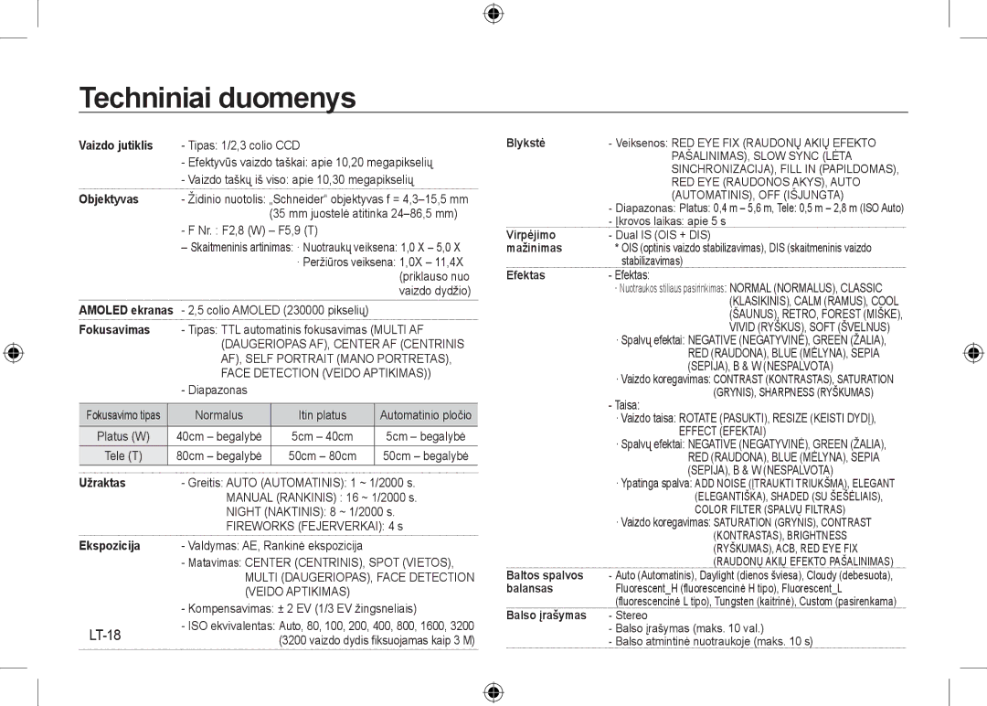 Samsung EC-NV24HBBA/GB, EC-NV24HBBA/E3, EC-NV24HBBB/FR, EC-NV24HBBA/E2, EC-NV24HSBA/FR manual Techniniai duomenys, LT-18 