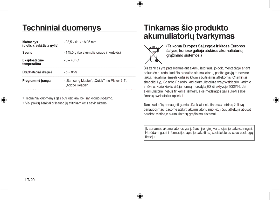 Samsung EC-NV24HSBB/E1, EC-NV24HBBA/E3, EC-NV24HBBB/FR manual LT-20, Matmenys 98,5 x 61 x 18,95 mm, Svoris, „Adobe Reader 