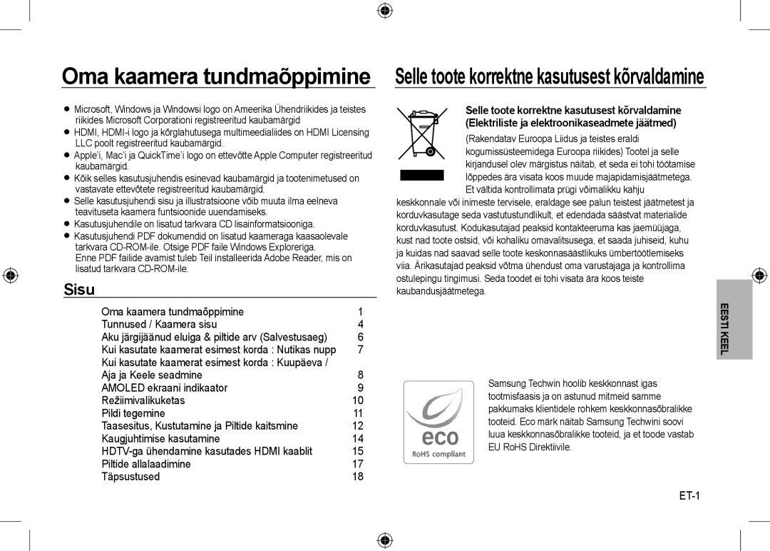 Samsung EC-NV24HSBA/IT, EC-NV24HBBA/E3, EC-NV24HBBB/FR manual Oma kaamera tundmaõppimine Tunnused / Kaamera sisu, ET-1 