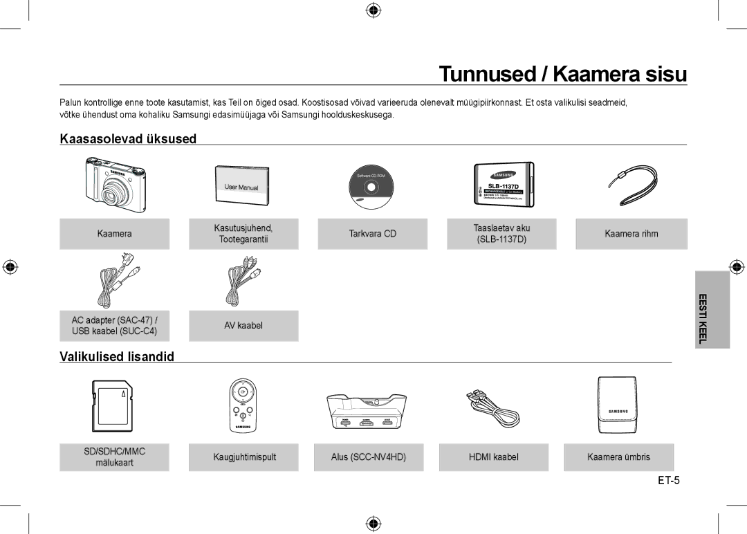 Samsung EC-NV24HBBC/IT, EC-NV24HBBA/E3, EC-NV24HBBB/FR, EC-NV24HBBA/E2 manual Kaasasolevad üksused, Valikulised lisandid, ET-5 