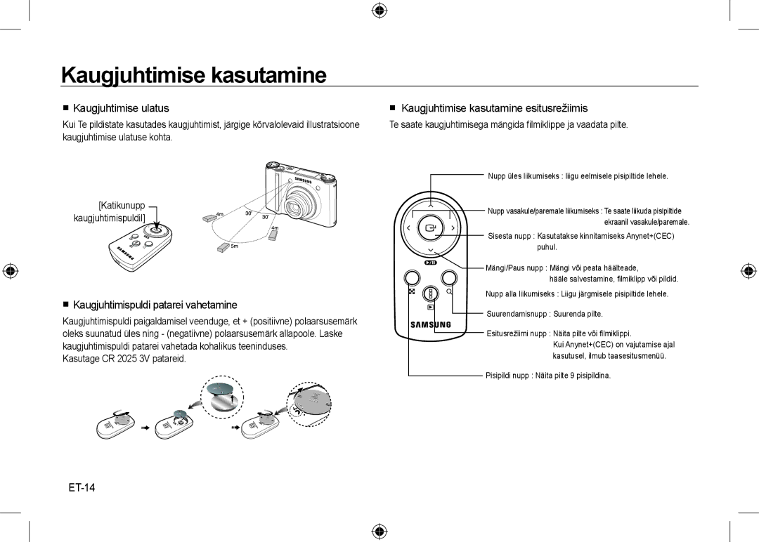 Samsung EC-NV24HSBE/AS Kaugjuhtimise kasutamine,  Kaugjuhtimise ulatus,  Kaugjuhtimispuldi patarei vahetamine, ET-14 