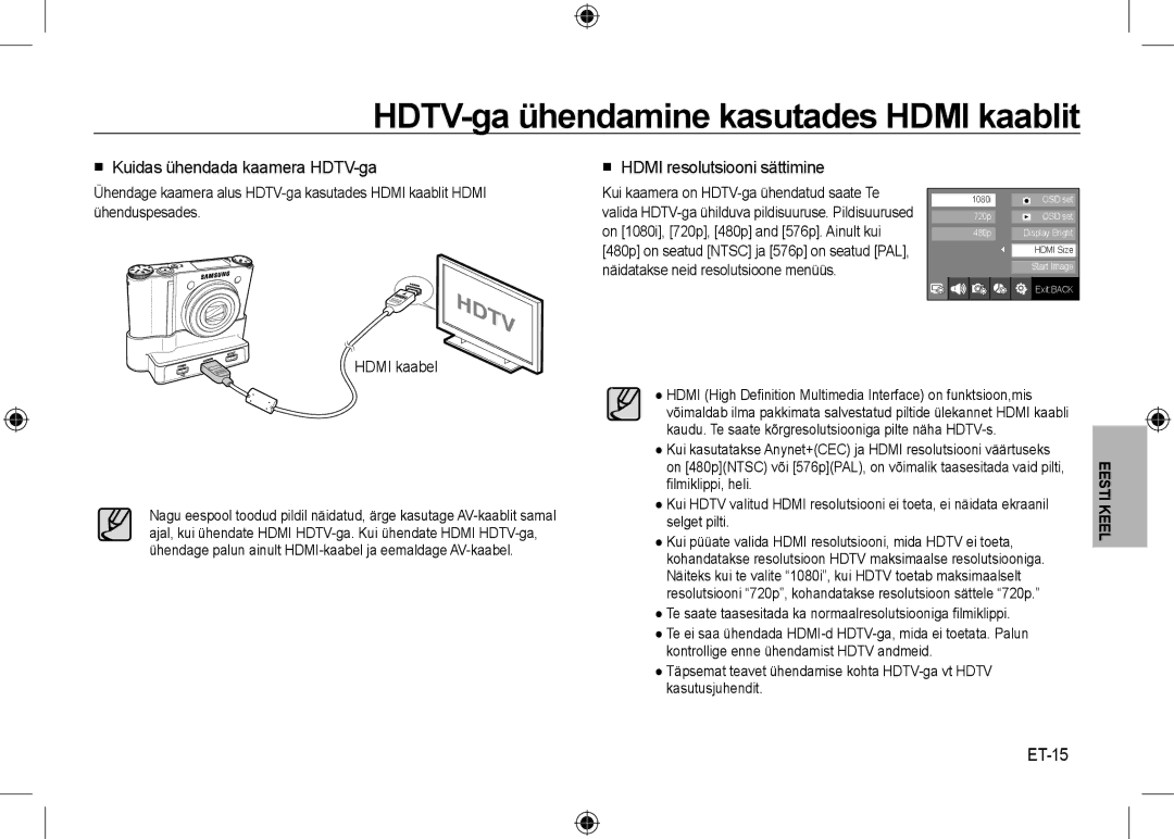 Samsung EC-NV24HBBA/VN HDTV-ga ühendamine kasutades Hdmi kaablit,  Kuidas ühendada kaamera HDTV-ga, ET-15, Hdmi kaabel 