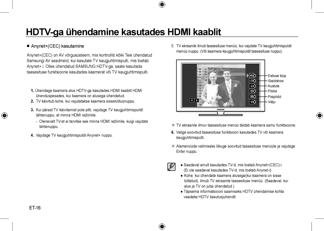 Samsung EC-NV24HBBC/AS, EC-NV24HBBA/E3, EC-NV24HBBB/FR, EC-NV24HBBA/E2, EC-NV24HSBA/FR manual  Anynet+CEC kasutamine, ET-16 