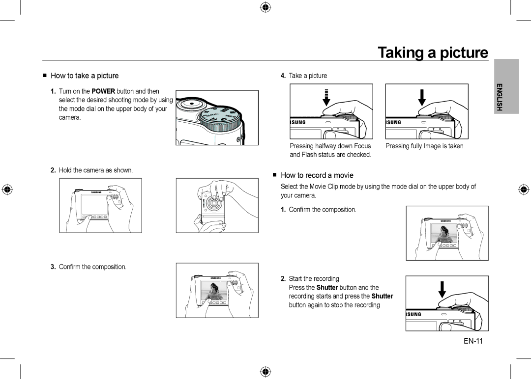 Samsung EC-NV24HSBB/IT Taking a picture,  How to take a picture,  How to record a movie, EN-11, Flash status are checked 