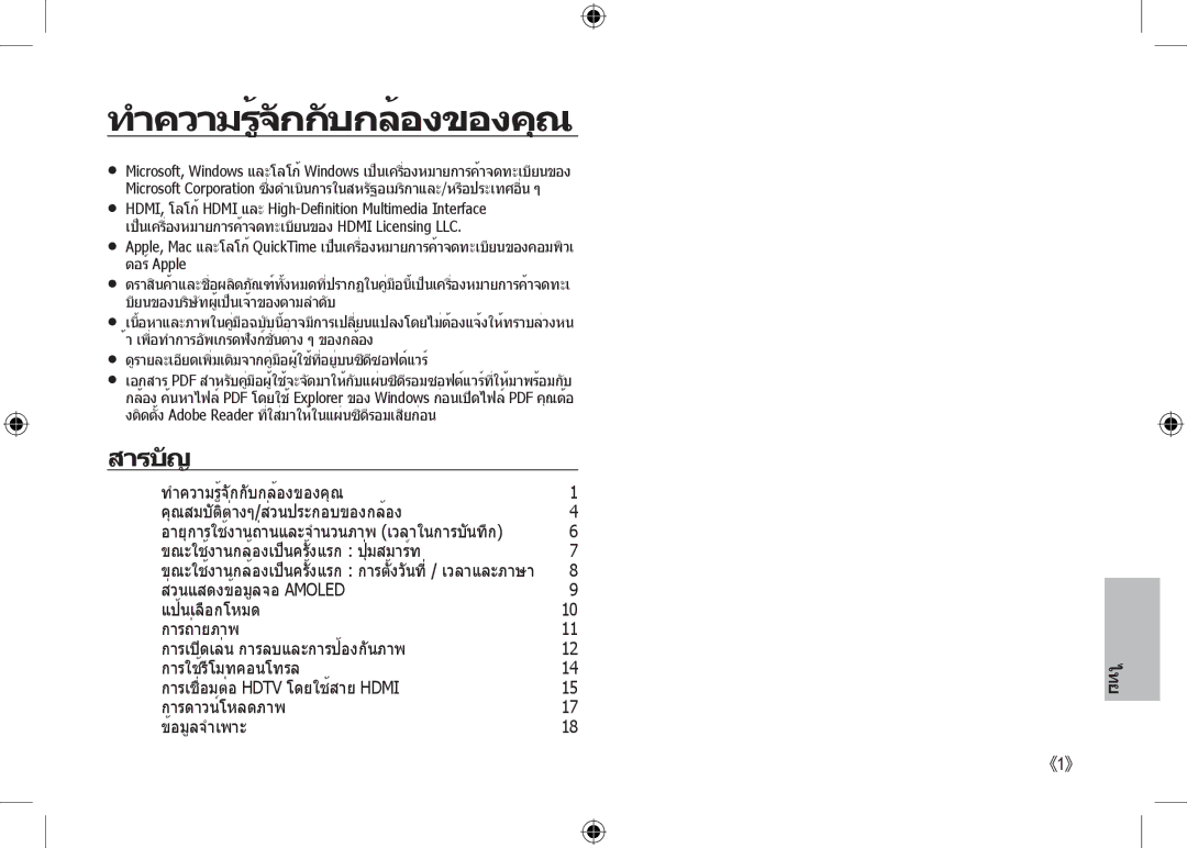 Samsung EC-NV24HSBC/IT, EC-NV24HBBA/E3, EC-NV24HBBB/FR, EC-NV24HBBA/E2, EC-NV24HSBA/FR ทำความรู้จักกับกล้องของคุณ, สารบัญ 