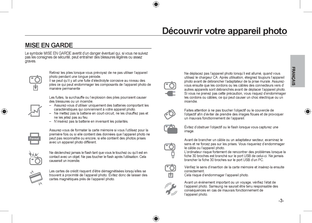 Samsung EC-NV24HSBA/VN, EC-NV24HBBA/E3, EC-NV24HBBB/FR, EC-NV24HBBA/E2, EC-NV24HSBA/FR, EC-NV24HSBA/E3 manual Mise EN Garde 