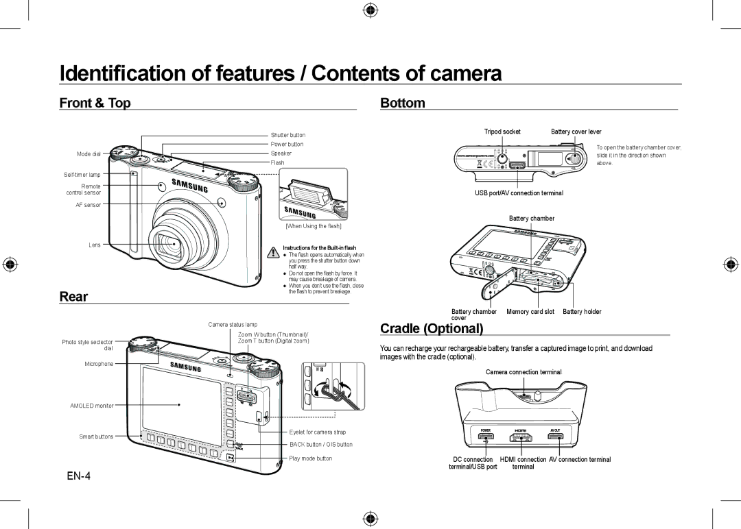 Samsung EC-NV24HSBA/E3, EC-NV24HBBA/E3, EC-NV24HBBB/FR, EC-NV24HBBA/E2 manual Identiﬁcation of features / Contents of camera 