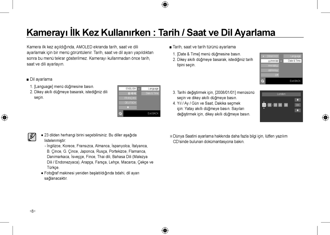 Samsung EC-NV24HBBC/IT, EC-NV24HBBA/E3, EC-NV24HBBB/FR Kamerayı İlk Kez Kullanırken Tarih / Saat ve Dil Ayarlama, Seçin 