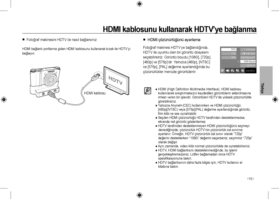 Samsung EC-NV24HBBE/AS, EC-NV24HBBA/E3 Hdmi kablosunu kullanarak HDTV’ye bağlanma,  Hdmi çözünürlüğünü ayarlama, =15 = 