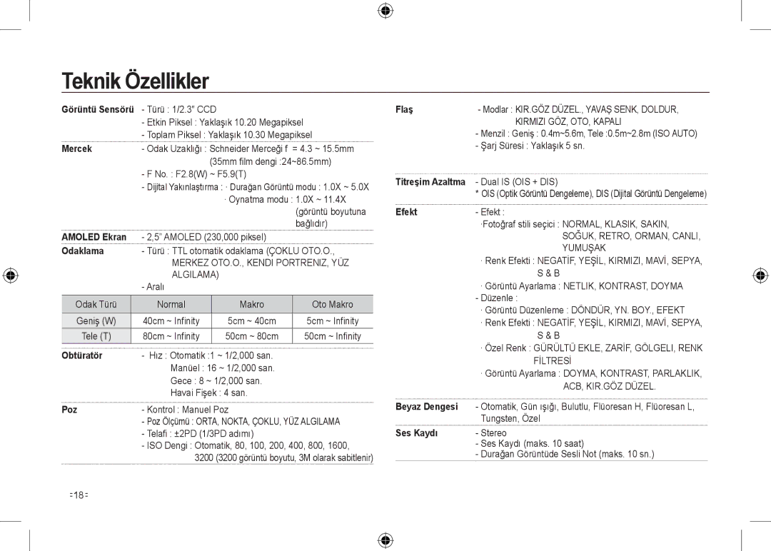 Samsung EC-NV24HBBA/VN, EC-NV24HBBA/E3, EC-NV24HBBB/FR, EC-NV24HBBA/E2, EC-NV24HSBA/FR, EC-NV24HSBA/E3 manual Teknik Özellikler 