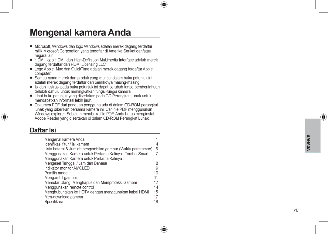 Samsung EC-NV24HSBA/IT manual Mengenal kamera Anda Ideniﬁkasi ﬁtur / Isi kamera, Men-download gambar Spesiﬁkasi 