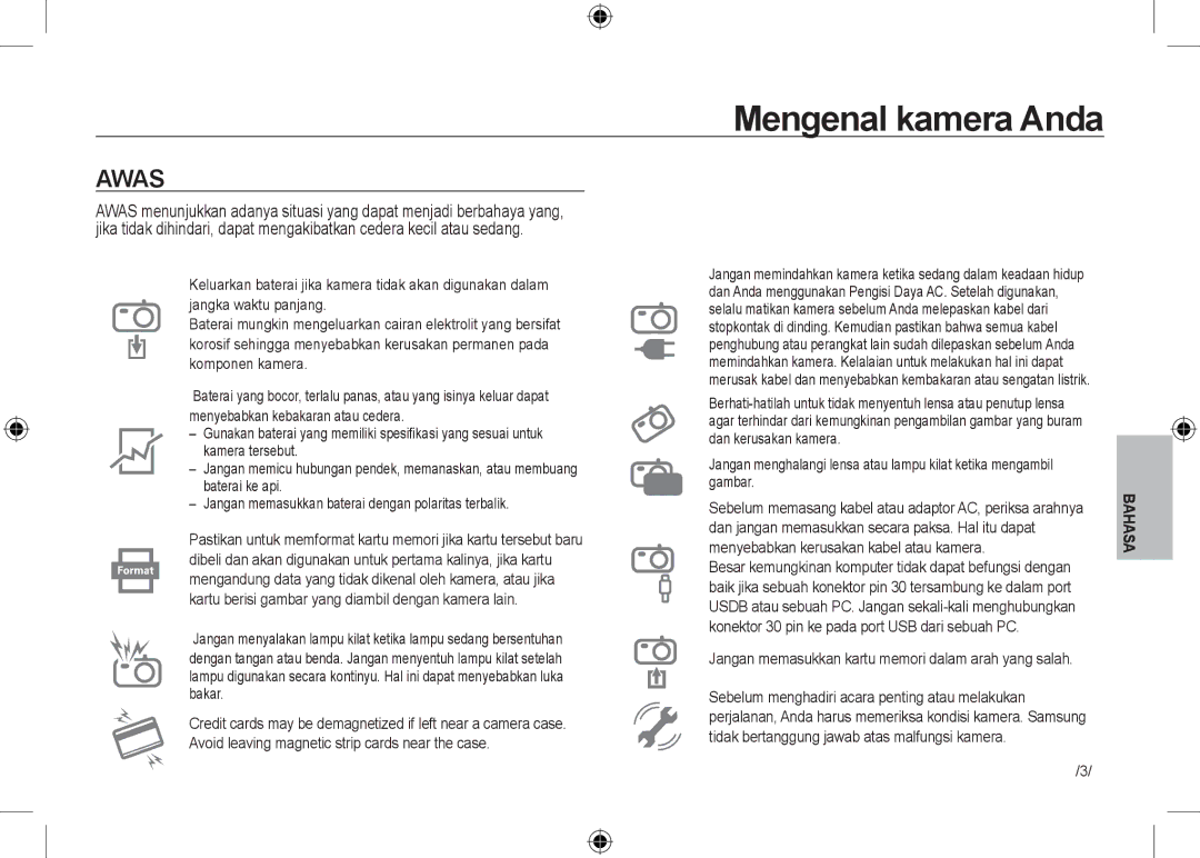 Samsung EC-NV24HSBB/IT, EC-NV24HBBA/E3, EC-NV24HBBB/FR manual Awas, Jangan memasukkan kartu memori dalam arah yang salah 