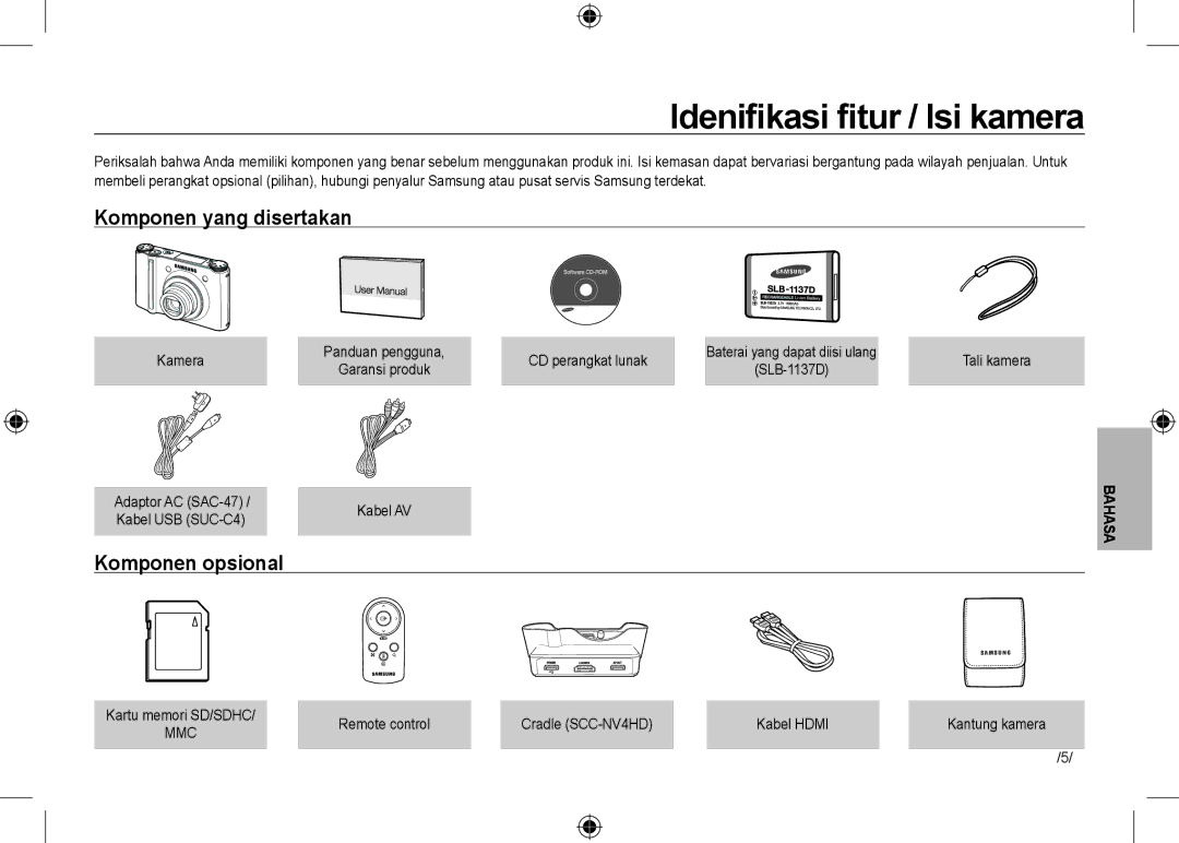 Samsung EC-NV24HBBC/IT, EC-NV24HBBA/E3, EC-NV24HBBB/FR manual Kamera, CD perangkat lunak, Adaptor AC SAC-47, Kabel USB SUC-C4 