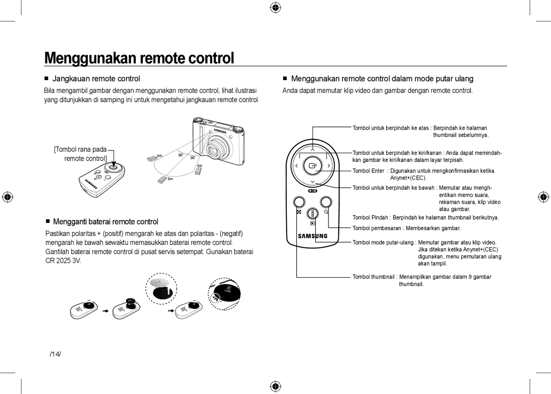 Samsung EC-NV24HSBE/AS manual Menggunakan remote control,  Jangkauan remote control,  Mengganti baterai remote control 