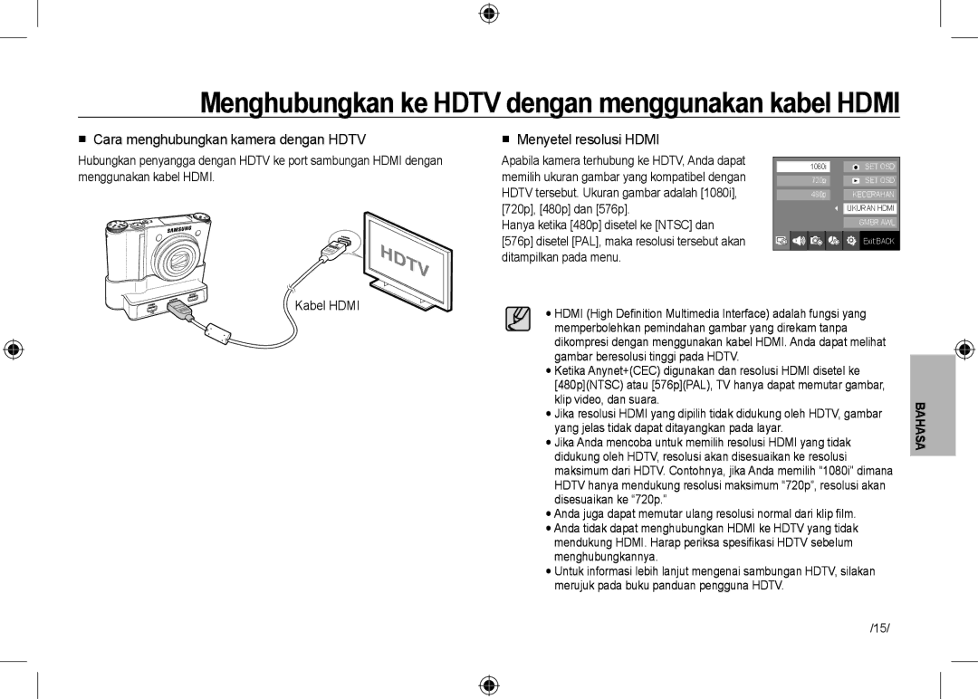 Samsung EC-NV24HBBA/VN manual Menghubungkan ke Hdtv dengan menggunakan kabel Hdmi,  Cara menghubungkan kamera dengan Hdtv 