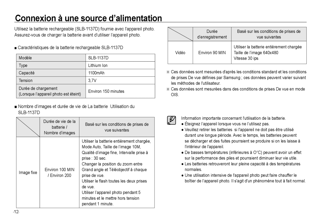 Samsung EC-NV24HSBA/E2 manual Connexion à une source d’alimentation, Caractéristiques de la batterie rechargeable SLB-1137D 