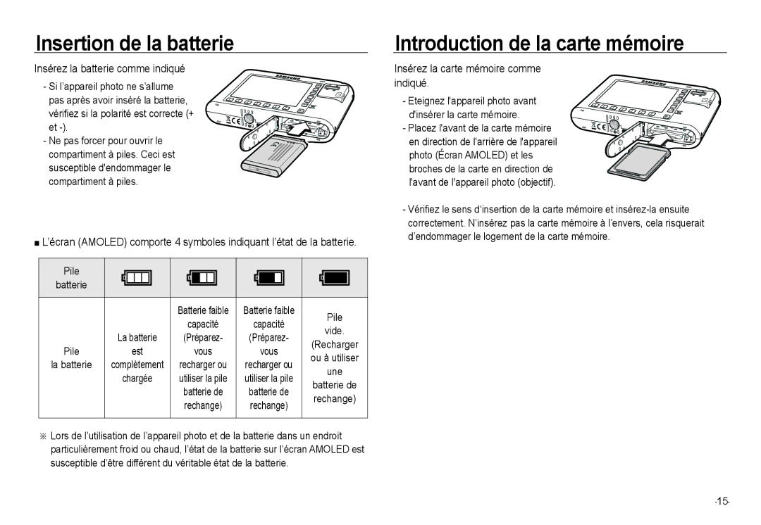 Samsung EC-NV24HBBA/E3 manual Insertion de la batterie, Introduction de la carte mémoire, Insérez la batterie comme indiqué 