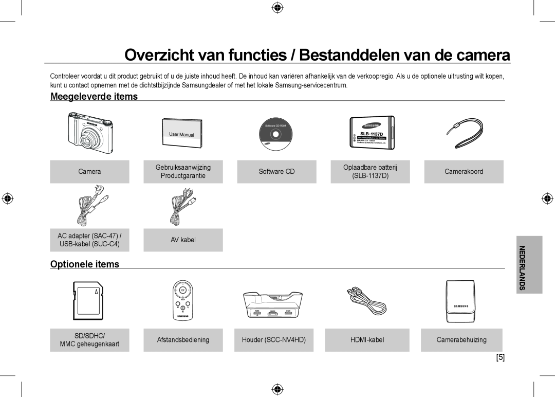 Samsung EC-NV24HBBB/LV manual Meegeleverde items, Optionele items, Overzicht van functies / Bestanddelen van de camera 