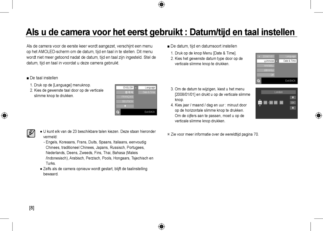 Samsung EC-NV24HBBD/E1 manual Als u de camera voor het eerst gebruikt Datum/tijd en taal instellen, De taal instellen 