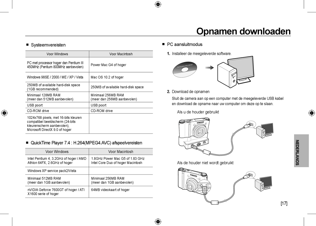 Samsung EC-NV24HSBB/E1 Opnamen downloaden,  Systeemvereisten,  QuickTime Player 7.4 H.264MPEG4.AVC afspeelvereisten 