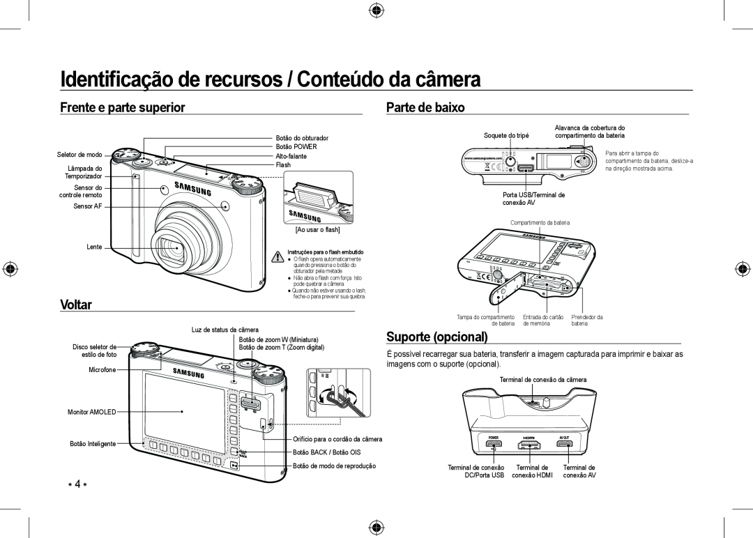 Samsung EC-NV24HSBA/E1 Identiﬁcação de recursos / Conteúdo da câmera, Frente e parte superior, Parte de baixo, Voltar 