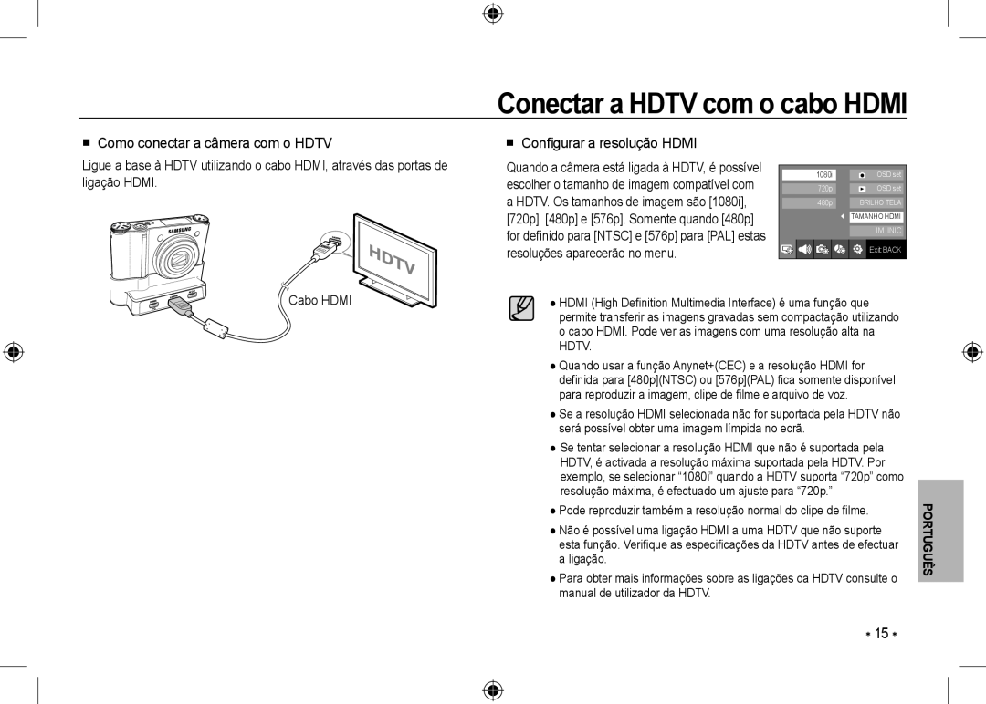 Samsung EC-NV24HSBC/AS Conectar a HDTV com o cabo HDMI,  Como conectar a câmera com o HDTV,  Conﬁgurar a resolução HDMI 